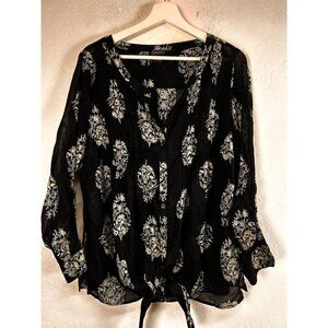 Lucky Brand Women’s Black Floral Print Button-Up Blouse Tie Front Cotton Size 1X
